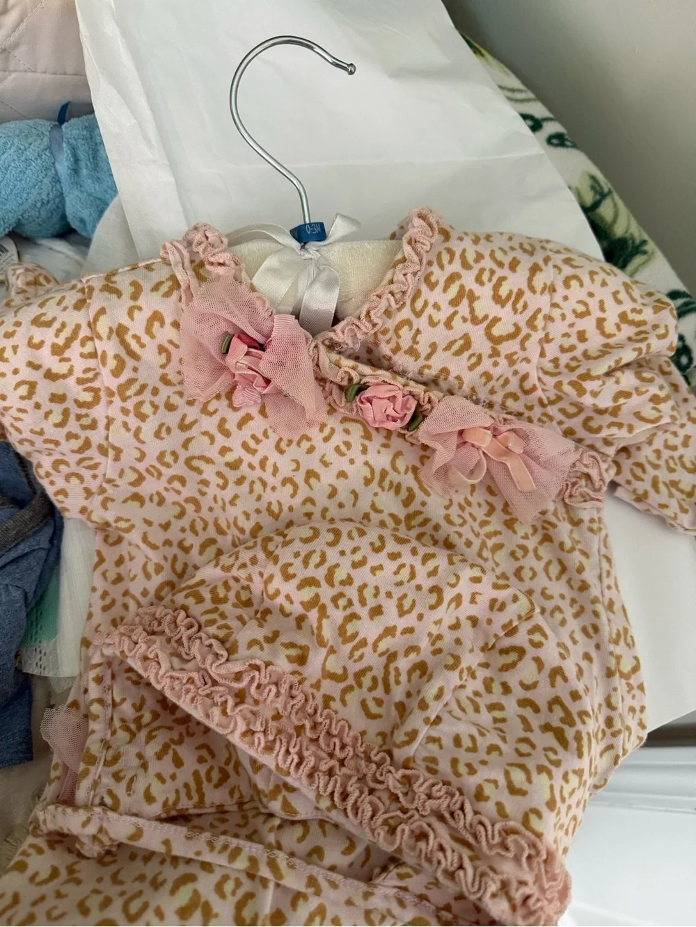 Biscotti Pink and Tan Leopard Print Baby gown w/matching cap